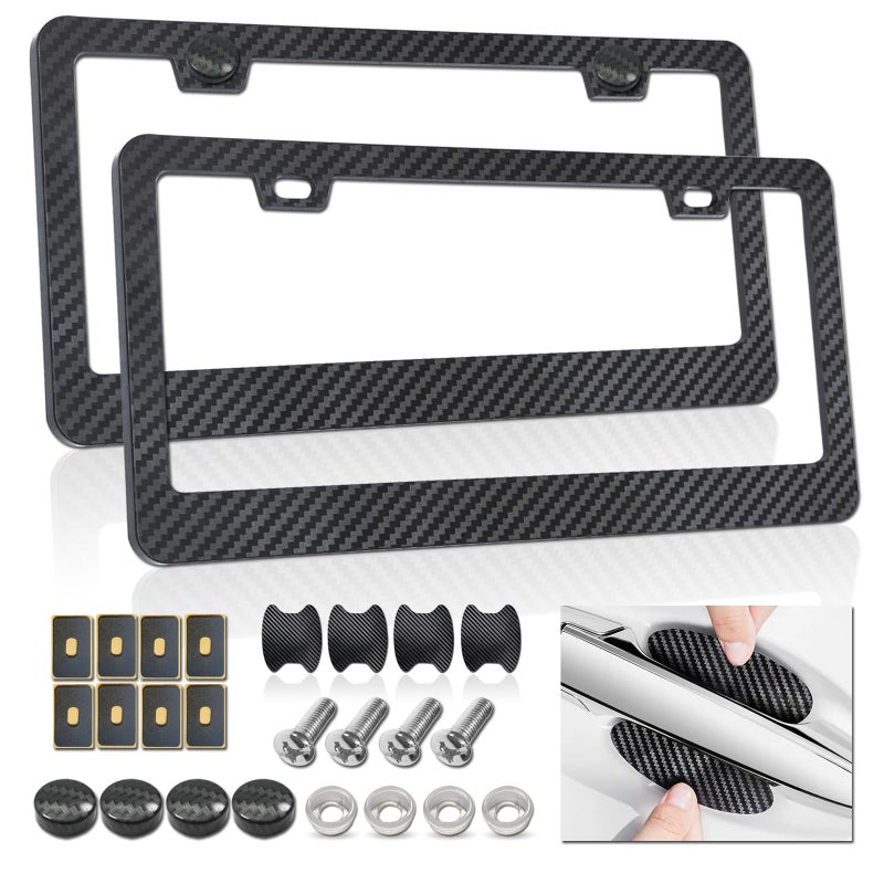 FBJTDQ Carbon Fiber License Plate Frames- Black Plastic Car Tag Holder, 2 Pack 2 Hole Front Rear Bracket with Screw Caps and Car Door Handle Stickers - Image 1