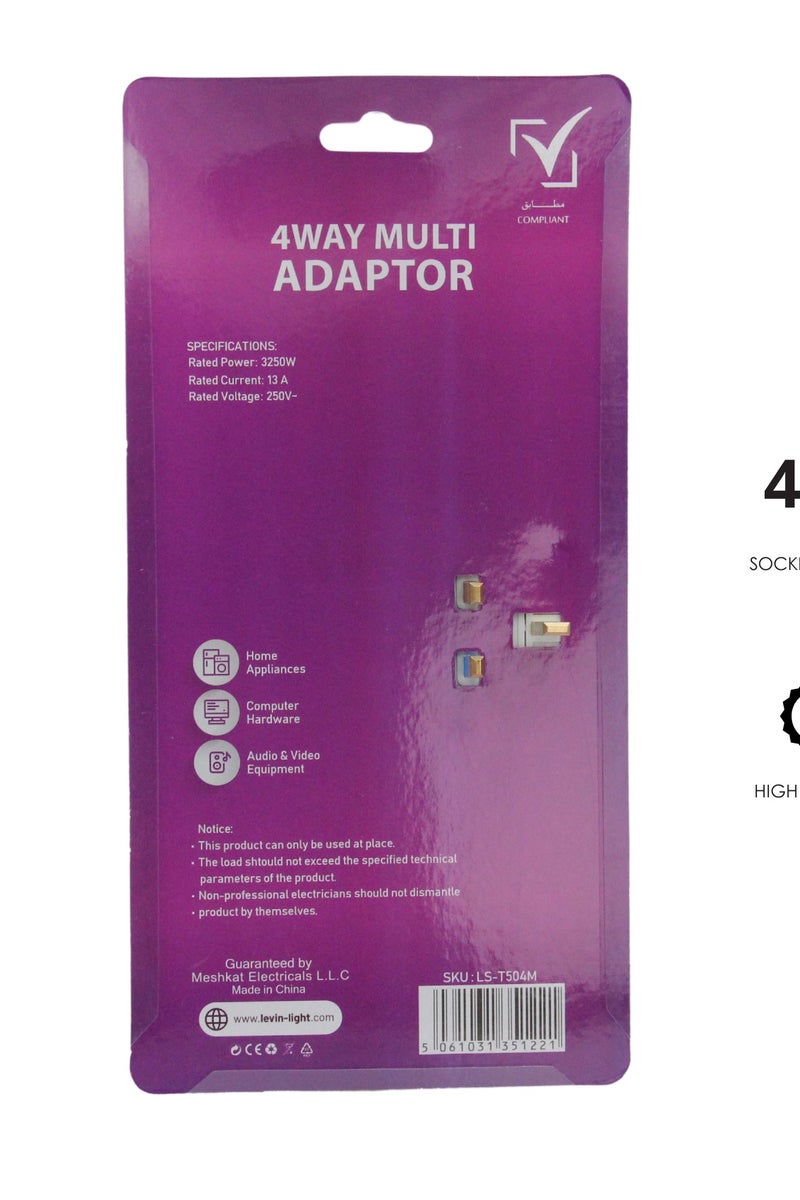 Levin Germany 4-Way Multi Plug Adaptor | Universal UK Socket | 13A 250V | 3250W High Load | Safety Shutter | Heavy-Duty Design | 2-Year Warranty - Image 3