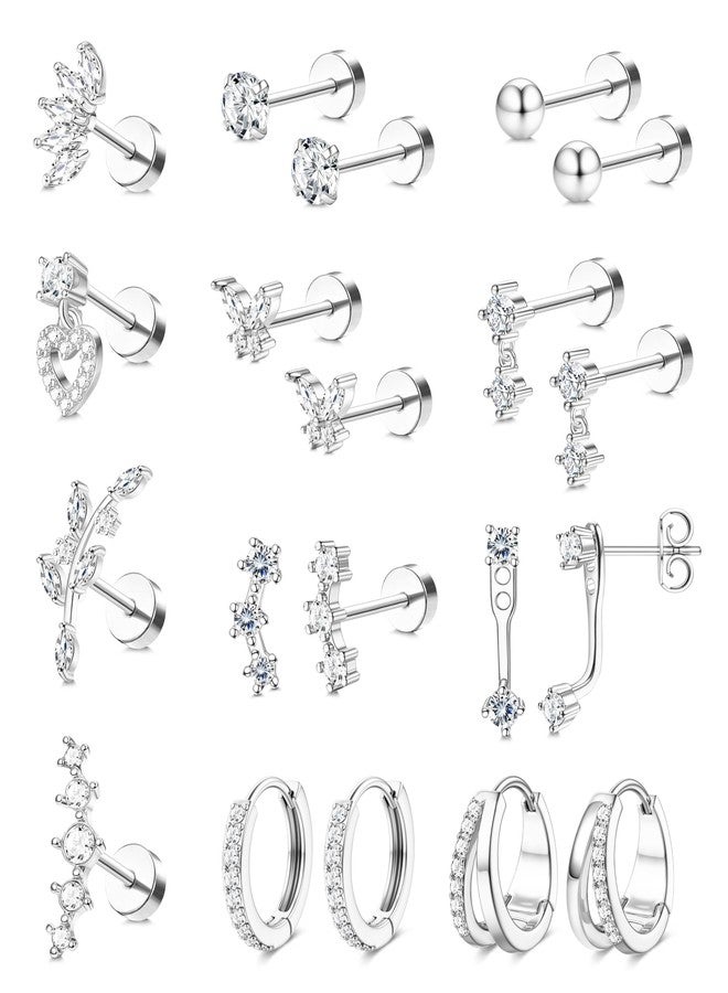 BESTEEL Hypoallergenic Flat Back Earrings for Women 14K Gold Plated Surgical Steel Stud Hoop Earring Stacks Set CZ Dangle Cartilage Helix Conch Tragus Piercing Jewelry Gift 20G Silver, stainless steel - Image 1