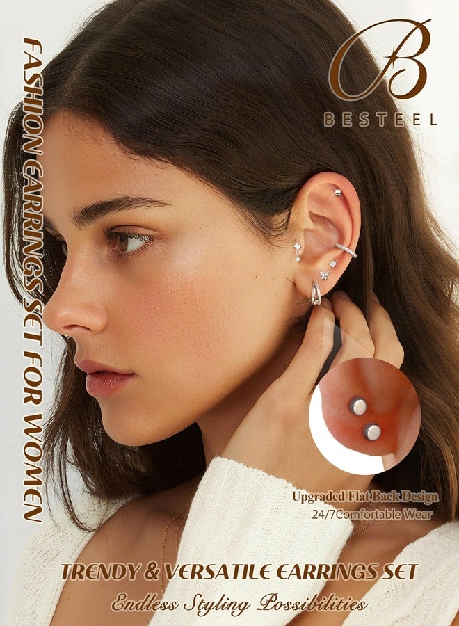 BESTEEL Hypoallergenic Flat Back Earrings for Women 14K Gold Plated Surgical Steel Stud Hoop Earring Stacks Set CZ Dangle Cartilage Helix Conch Tragus Piercing Jewelry Gift 20G Silver, stainless steel - Image 3