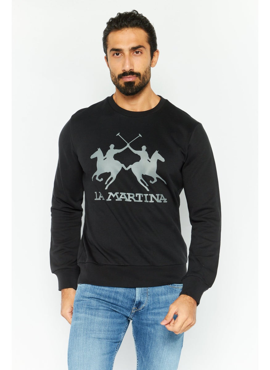 La Martina Men Crew Neck Long Sleeves Brand Logo Sweatshirt, Black  - Image 1