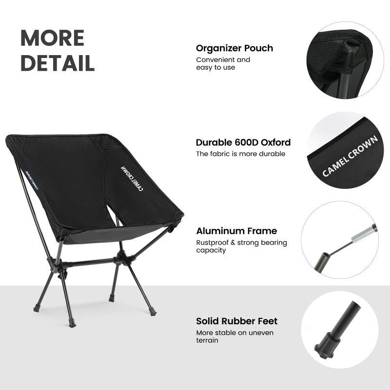 CAMEL CROWN Portable Camping Chair Folding Compact Lawn Lightweight Backpacking Chair with Carry Bag for Outdoor Hiking Beach Travel Picnic Festival Black - Image 4