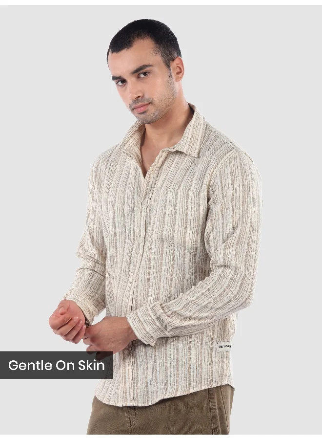 Beyoung Beige Dual Stripe Cotton Shirt