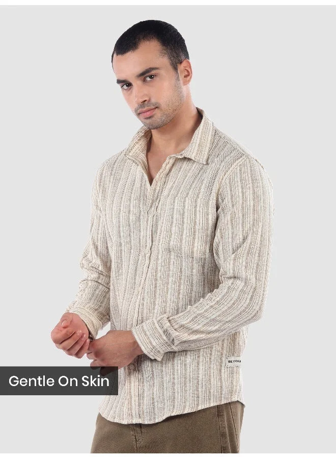 بيونغ قميص قطن بيج بخطوط مزدوجة