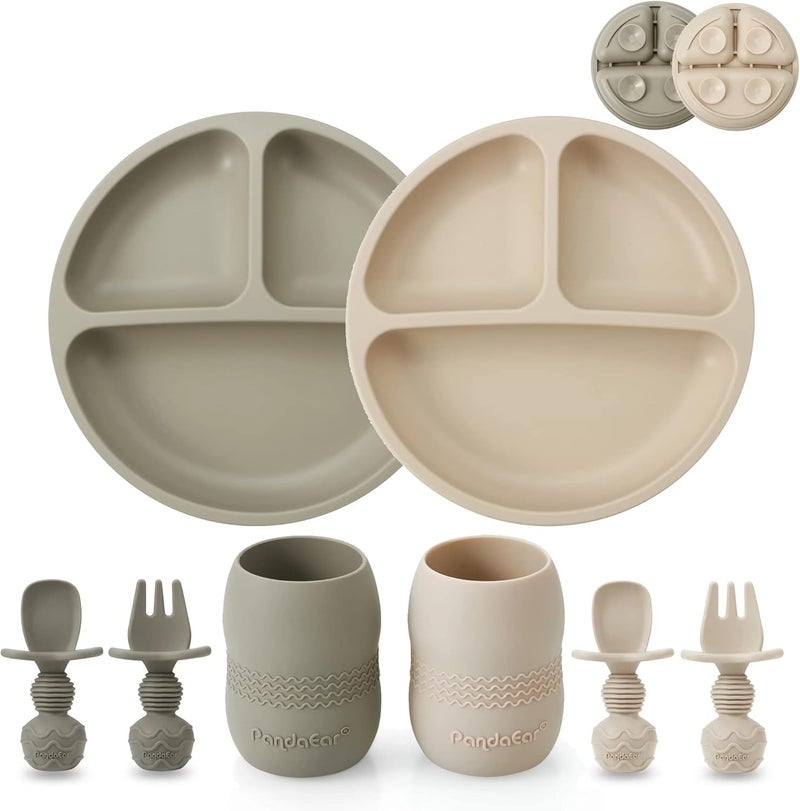 PandaEar Silicone Baby Feeding Set| 2 Pack Silicone Divided Suction Plate and 2 Pack Tiny Cup with 2 Spoons 2 Forks| Baby Led Weaning Supplies Self Feeding Eating Utensils (Light Tan/Walnut) - Image 1