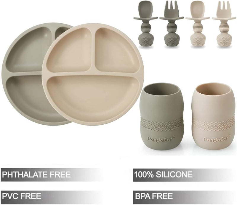 PandaEar Silicone Baby Feeding Set| 2 Pack Silicone Divided Suction Plate and 2 Pack Tiny Cup with 2 Spoons 2 Forks| Baby Led Weaning Supplies Self Feeding Eating Utensils (Light Tan/Walnut) - Image 2