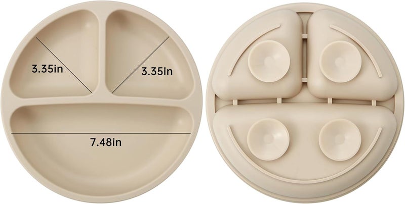 PandaEar Silicone Baby Feeding Set| 2 Pack Silicone Divided Suction Plate and 2 Pack Tiny Cup with 2 Spoons 2 Forks| Baby Led Weaning Supplies Self Feeding Eating Utensils (Light Tan/Walnut) - Image 3