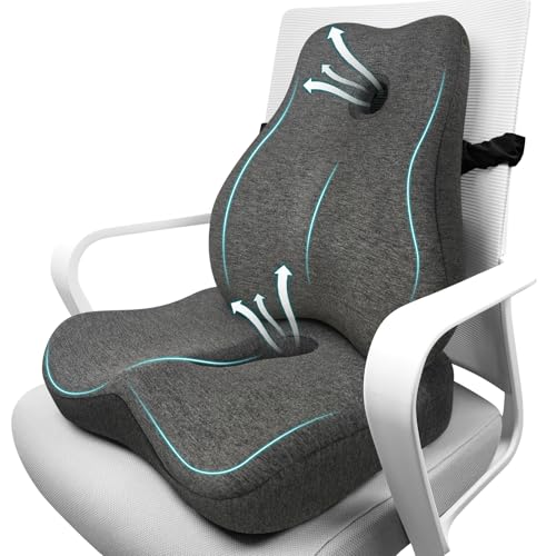 JIPORIER Seat Cushion & Lumbar Support Pillow Set for Office Chair, Ergonomic Pillow for Sciatica Pain Relief, Memory Foam Back Support Pillow & Chair Cushion for Car seat, Desk Chair (Grey) - Image 1