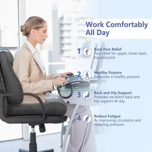 JIPORIER Seat Cushion & Lumbar Support Pillow Set for Office Chair, Ergonomic Pillow for Sciatica Pain Relief, Memory Foam Back Support Pillow & Chair Cushion for Car seat, Desk Chair (Grey) - Image 2
