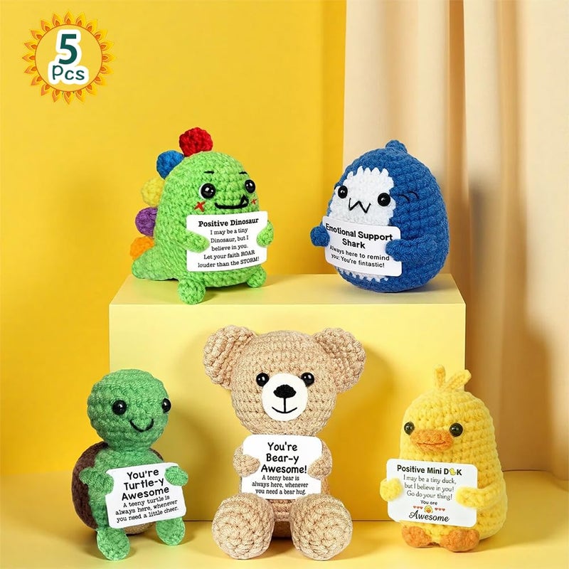 AicooFest Positive Crochet Animals 5PCS Knitted Turtle Dino Duck Easter Basket Essentials Stuffers for Teens Mini Emotional Support Crochet Animals with Messages Funny Small Birthday Gift for Friends - Image 2