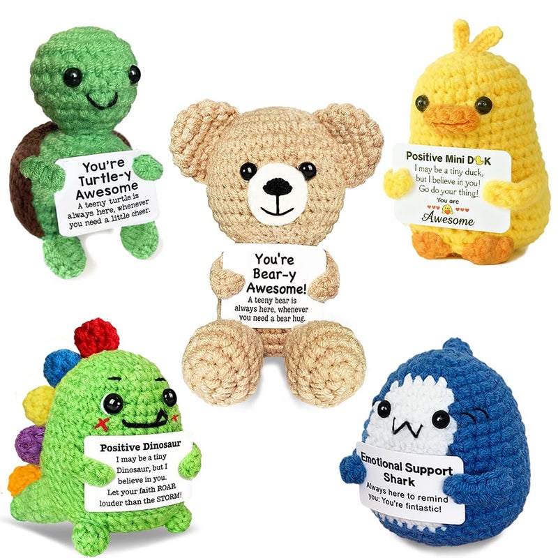 AicooFest Positive Crochet Animals 5PCS Knitted Turtle Dino Duck Easter Basket Essentials Stuffers for Teens Mini Emotional Support Crochet Animals with Messages Funny Small Birthday Gift for Friends - Image 1