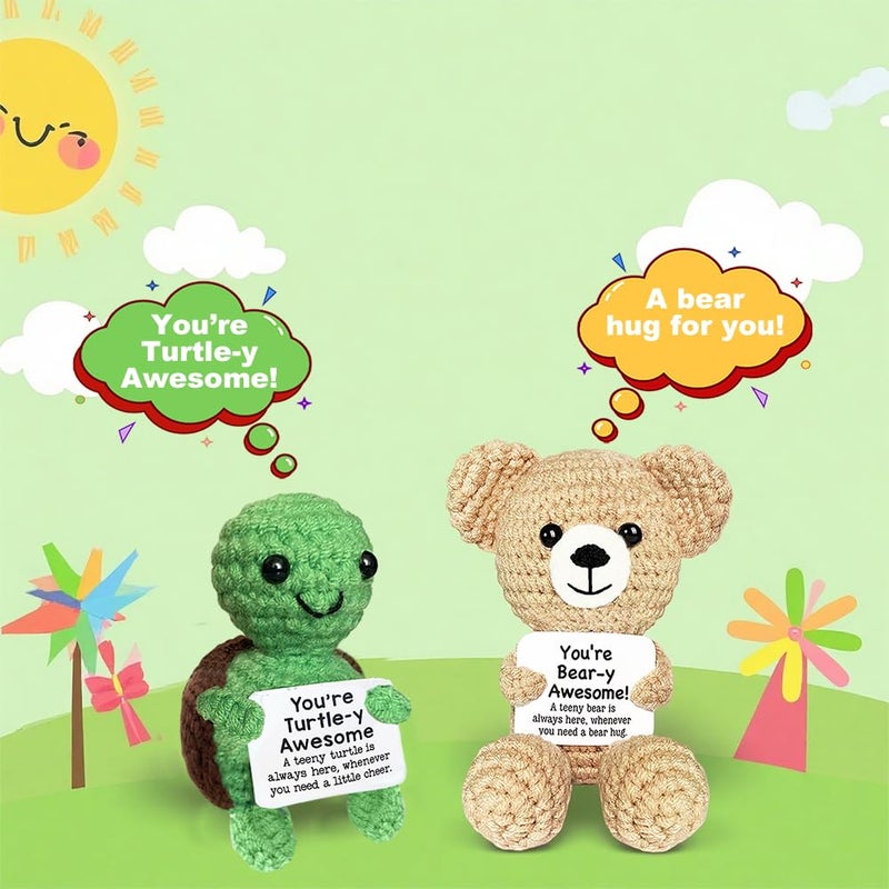 AicooFest Positive Crochet Animals 5PCS Knitted Turtle Dino Duck Easter Basket Essentials Stuffers for Teens Mini Emotional Support Crochet Animals with Messages Funny Small Birthday Gift for Friends - Image 5
