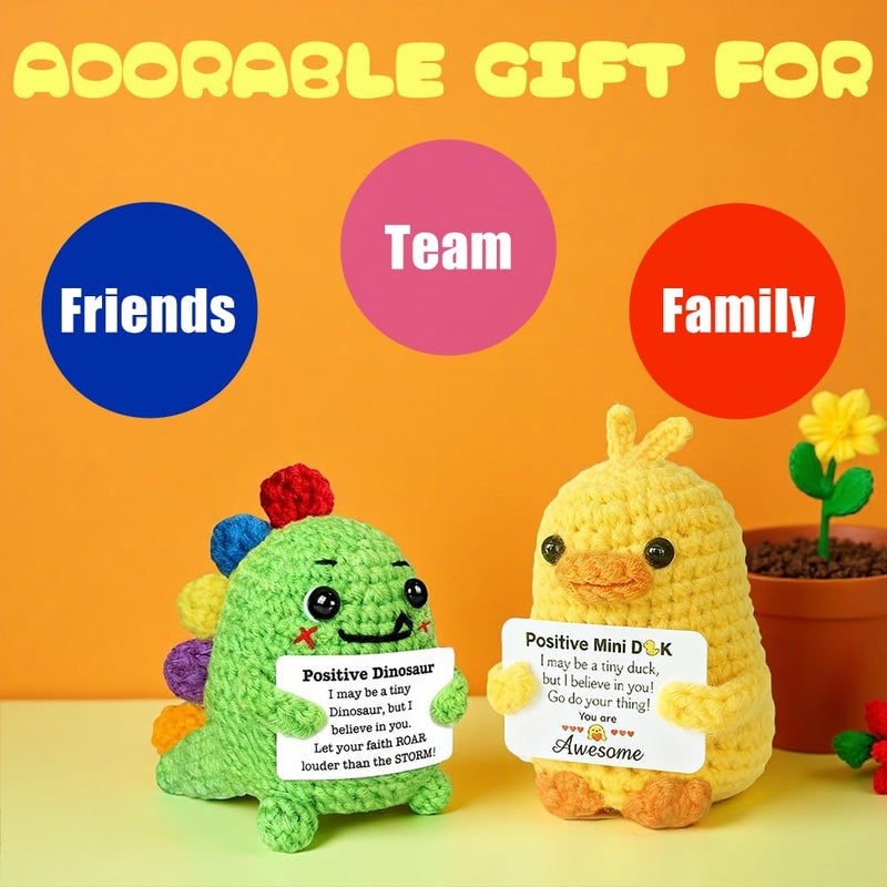 AicooFest Positive Crochet Animals 5PCS Knitted Turtle Dino Duck Easter Basket Essentials Stuffers for Teens Mini Emotional Support Crochet Animals with Messages Funny Small Birthday Gift for Friends - Image 4