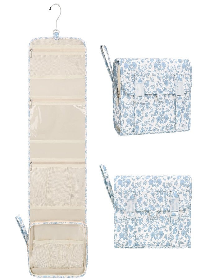 Relavel Hanging Toiletry Bag, Travel Toiletries Bag with Hanging Hook, Water Resistant Makeup Cosmetic Organizer for Full Sized Container, Shampoo, Portable Wash Bag for Travel Size Essentials - Blue Flower - Image 1