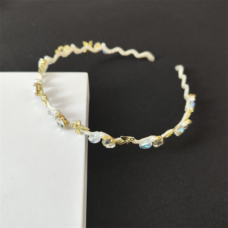 Generic Internet Celebrity New Style Leaf Flower Hair Hoop Womens Summer Pressure Hair Hoop Rhinestone Hair Accessories Handmade Mesh Winding Hair Stamp White 