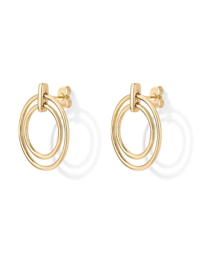 PAVOI 18K Yellow Gold Plated Statement Door Knockers Dangle Earrings for Women | Double Circle Interlock Ring Drop Earrings - Image 3