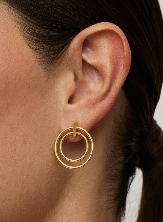 PAVOI 18K Yellow Gold Plated Statement Door Knockers Dangle Earrings for Women | Double Circle Interlock Ring Drop Earrings - Image 2