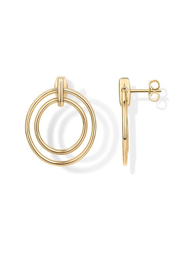 PAVOI 18K Yellow Gold Plated Statement Door Knockers Dangle Earrings for Women | Double Circle Interlock Ring Drop Earrings - Image 1