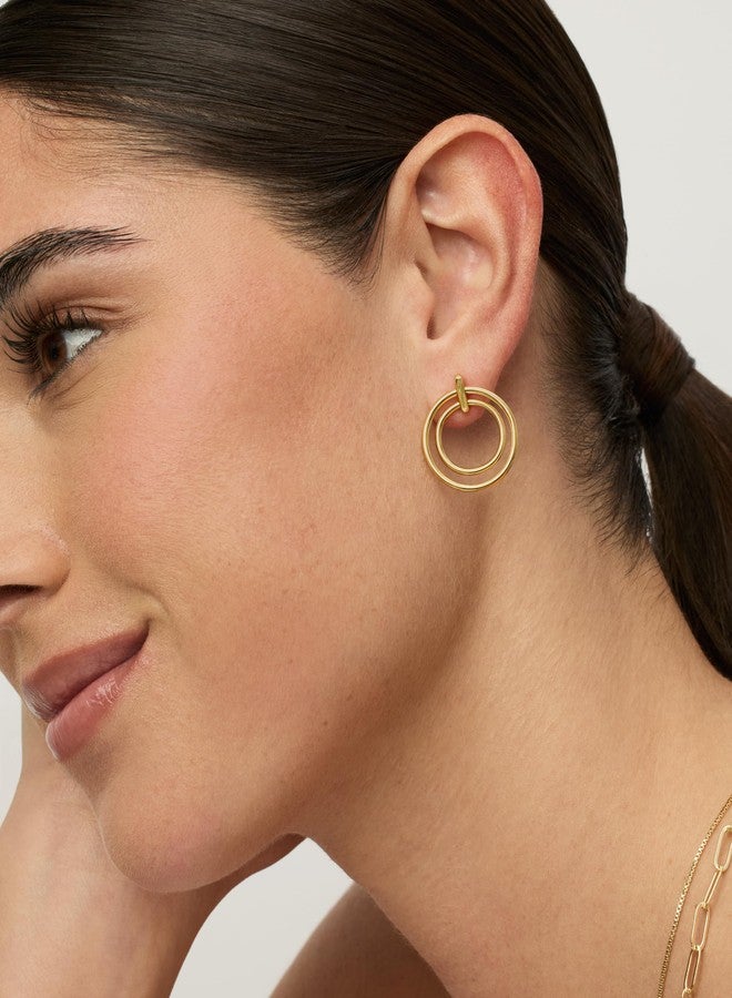 PAVOI 18K Yellow Gold Plated Statement Door Knockers Dangle Earrings for Women | Double Circle Interlock Ring Drop Earrings - Image 4