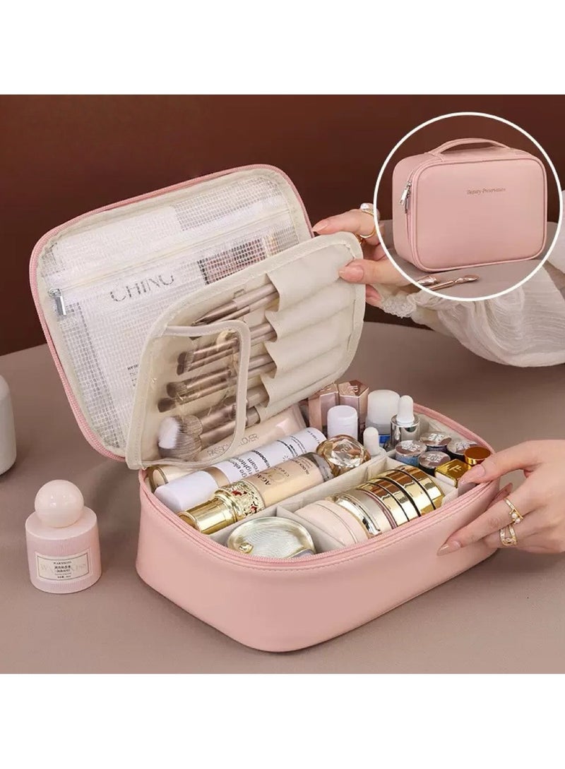 Potable Makeup Bag, Makeup Organizer Bag for Toiletry Cosmetics Accessories with Divider and Brushes Compartments, Waterproof Makeup Travel Case Cosmetic Bags Women and Girls- Pink - Image 1
