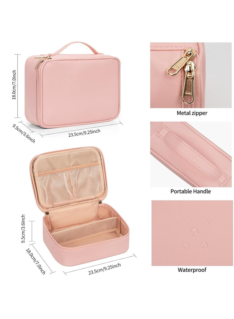 Potable Makeup Bag, Makeup Organizer Bag for Toiletry Cosmetics Accessories with Divider and Brushes Compartments, Waterproof Makeup Travel Case Cosmetic Bags Women and Girls- Pink - Image 2