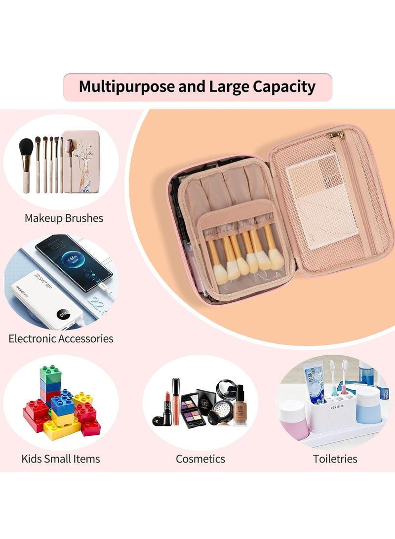 Potable Makeup Bag, Makeup Organizer Bag for Toiletry Cosmetics Accessories with Divider and Brushes Compartments, Waterproof Makeup Travel Case Cosmetic Bags Women and Girls- Pink - Image 4