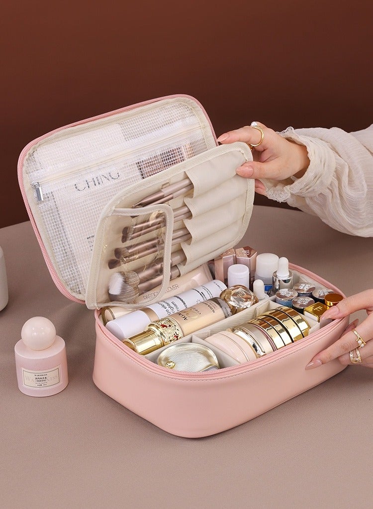 Potable Makeup Bag, Makeup Organizer Bag for Toiletry Cosmetics Accessories with Divider and Brushes Compartments, Waterproof Makeup Travel Case Cosmetic Bags Women and Girls- Pink - Image 3