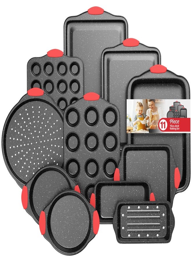 Slow Slog 11Pcs Nonstick Bakeware Set Bakeware Kitchen Set Black &Red - Image 1