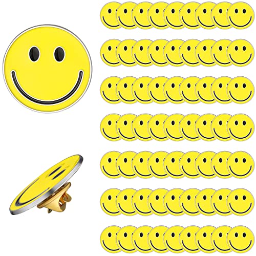 WILLBOND 60 Pack Happy Face Lapel Pins Bulk Cute Smile Pinback Buttons Funny Teacher Pins for Students Kids Clothes Backpacks Decoration (Yellow) - Image 1