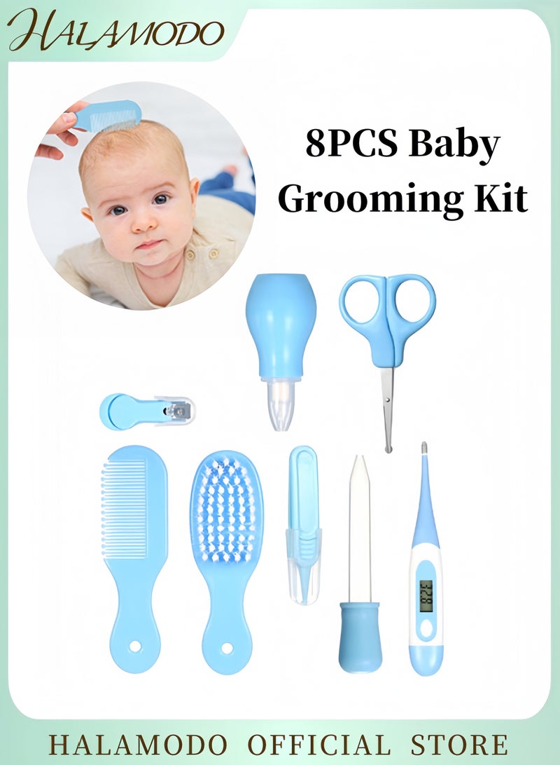 هالامودو مجموعة العناية بالطفل من 8 قطع، مجموعة العناية بالطفل الآمنة مع فرشاة شعر ومشط ومقص وقصافة أظافر وشفاط أنفي، مجموعة العناية بالطفل الأساسية للمواليد الجدد والفتيات والفتيان - Image 1