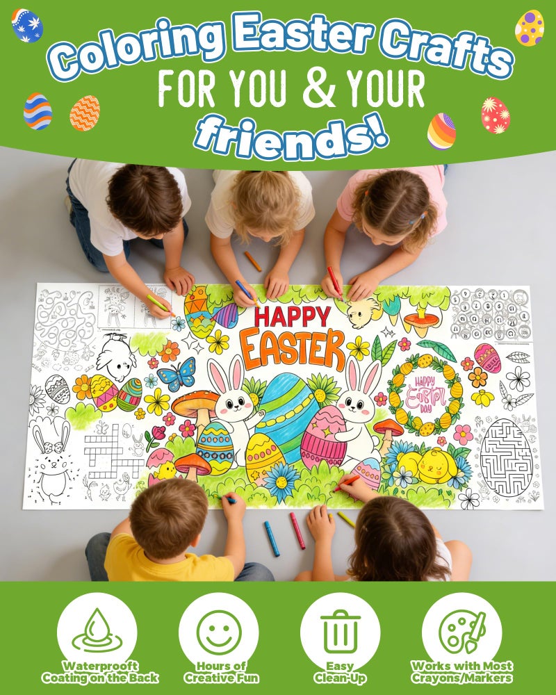 ATFUNSHOP Easter Giant Coloring Tablecloth 35" x 75" - Easter Crafts for Kids, Jumbo Paper Banner & Poster, Coloring Games & Party Activities - DIY Decorations & Gifts Games & Festive Decor - Image 2
