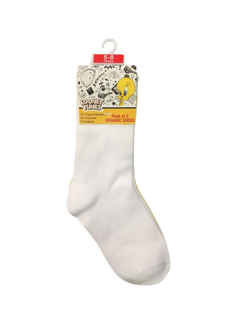 Looney Tunes Tweety Bamboo Cotton Sock - Solid (Pack Of 2) - White & Yellow 5-8Y  - Image 1