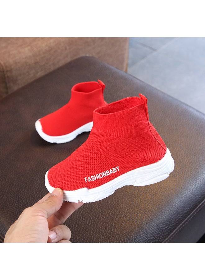 Spring And Autumn Korean Style Kidsren's Socks And Shoes For Boys And Girls, Fly-knit Breathable Mesh Sports Shoes, High-top Elastic Shoes, Trendy