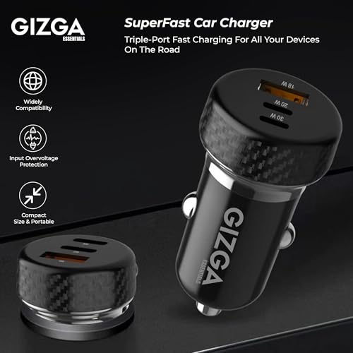 Gizga Essentials Gizga Essential 68W Triple Port Fast Car Charger with 2 × PD Type-C & USB-A, Overvoltage & Temperature Protection| Compact Portable Car Adapter for iPhone Android Smartwatch Earbud Power Bank(Black) - Image 2