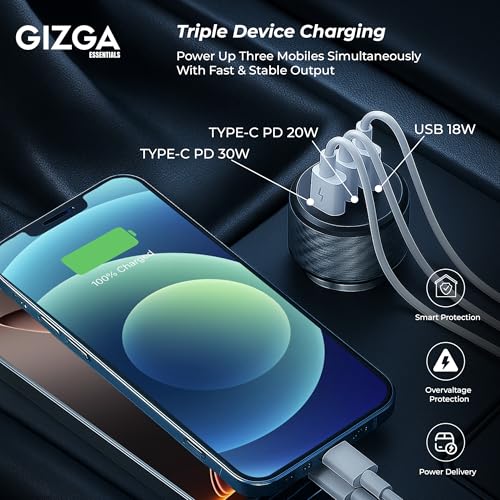 Gizga Essentials Gizga Essential 68W Triple Port Fast Car Charger with 2 × PD Type-C & USB-A, Overvoltage & Temperature Protection| Compact Portable Car Adapter for iPhone Android Smartwatch Earbud Power Bank(Black) - Image 4