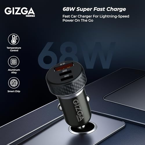 Gizga Essentials Gizga Essential 68W Triple Port Fast Car Charger with 2 × PD Type-C & USB-A, Overvoltage & Temperature Protection| Compact Portable Car Adapter for iPhone Android Smartwatch Earbud Power Bank(Black) - Image 3