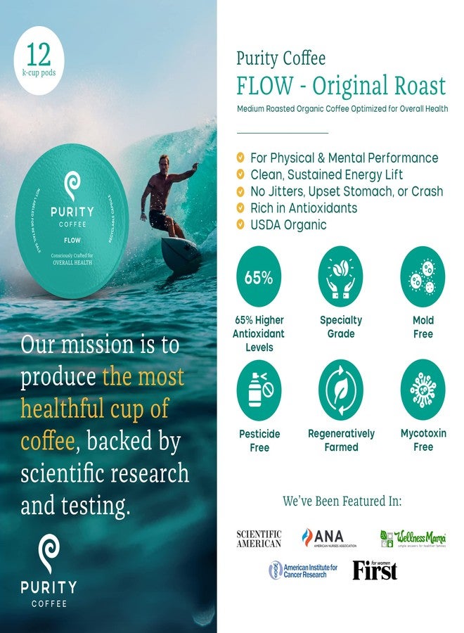Purity Coffee FLOW Original Medium Roast K Pod Capsules (12ct Box) | Specialty-Grade USDA Organic Arabica Blend | Third Party Tested for Mold, Mycotoxins & Pesticides - Image 2