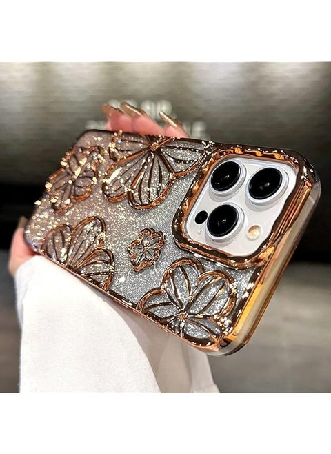 Sparkle Case For Iphone 16 Pro Max，Iphone 16 15 14 13 12 Pro Max Case，Dazzle 3D Flower，Camera Protection，Elegant Gradient Cover，Premium Shiny Iphone 16 Case 【 Iphone 16 Pro Max】6.9In Gold