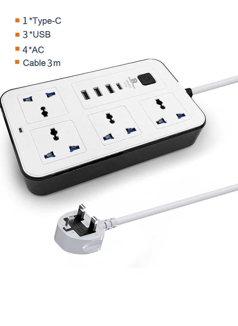 روك بو سلك تمديد عالمي بطول 3 أمتار مزود بـ 4 مقابس طاقة و3 فتحات USB، شريط طاقة بطول 3 أمتار بأربعة اتجاهات مع فتحة شحن USB من النوع C PD، سلك تمديد بطول 3 أمتار 3 م  - Image 1