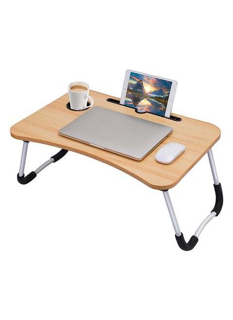 Portable Folding Laptop Desk for Bed With iPad and Cup Holder Adjustable Lap Tray Notebook Stand Foldable Non-Slip Legs Reading Table for Working Studying and Camping 60X40X28cm Beige