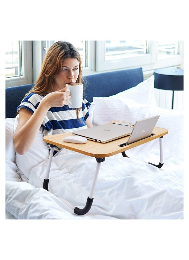 SKY-TOUCH - Portable Folding Laptop Desk for Bed With iPad and Cup Holder Adjustable Lap Tray Notebook Stand Foldable Non-Slip Legs Reading Table for Working Studying and Camping 60X40X28cm Beige - Image 1