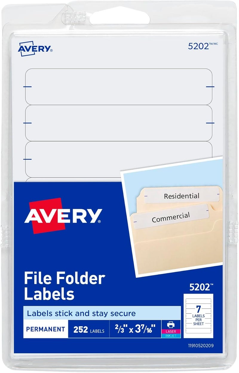 AVERY File Folder Labels on 4" x 6" Sheets, Easy Peel, White, Print & Handwrite, 2/3" x 3-7/16", 252 Labels (5202) - Image 1