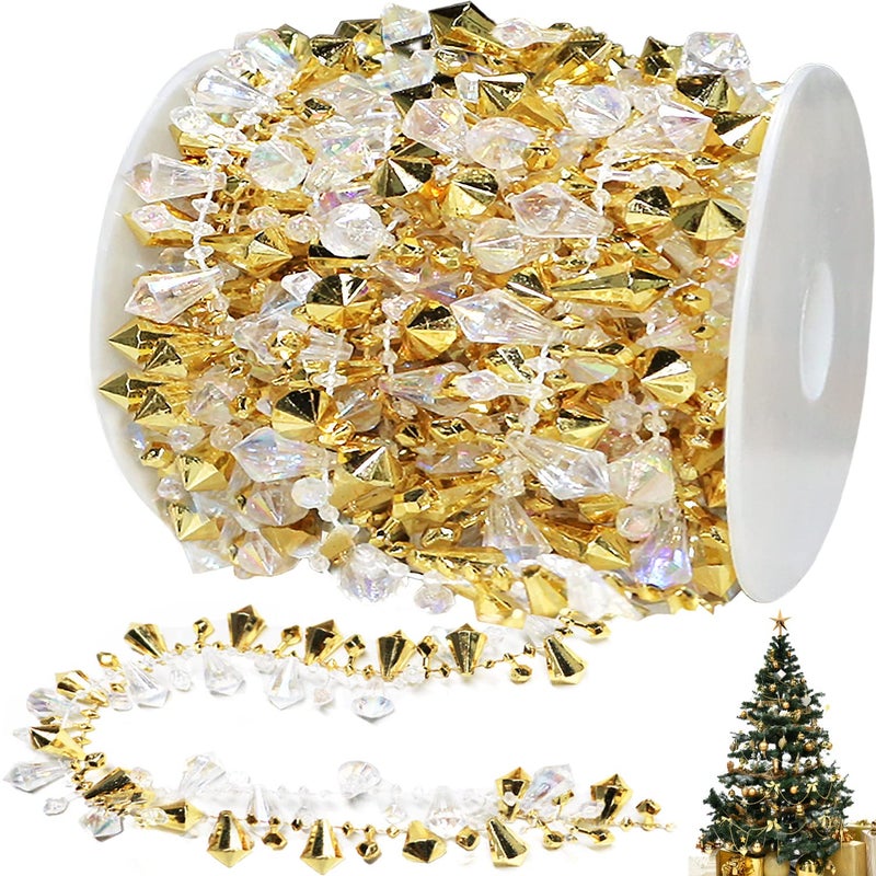 Jishi 16ft Christmas Garland Christmas Tree Gold Bead Decoration Clear Iridescent Gold Bead Garland Twist Bead String for Christmas Tree Decorations Rustic Crystal Garland Ornaments for Home Decor