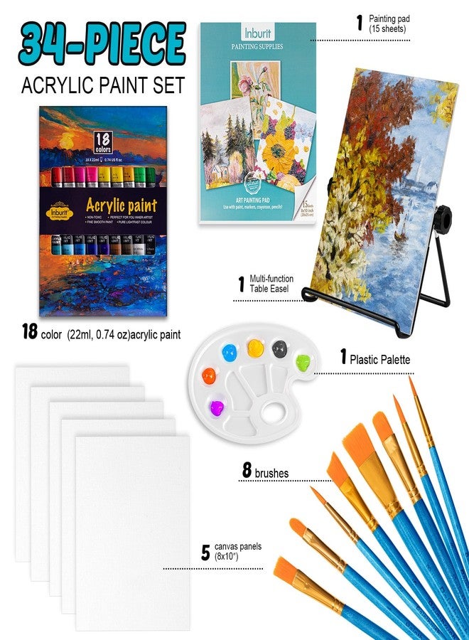 Inburit Art Paint Set for Kids, Painting Supplies Kit with 5 Canvas Panels, 8 Brushes, 18 Acrylic Paints, Multi-Function Table Easel, Etc, Premium Acrylic Paint Set for Students, Kids and Beginner. - Image 2