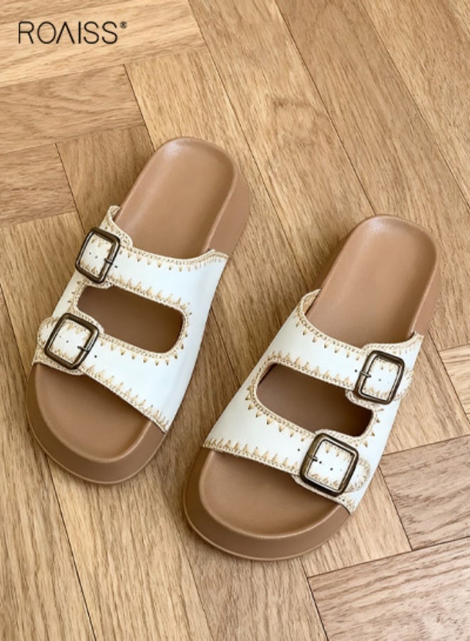 roaiss Women Summer Sandals with Adjustable Buckle, Stylish Slip‑On Slippers with Non-slip Sole, Comfort Flat Slides, Casual Open-toed Shoes for Ladies, Suitable for Daily Wear or Any Outdoor Leisure Setting - Image 3