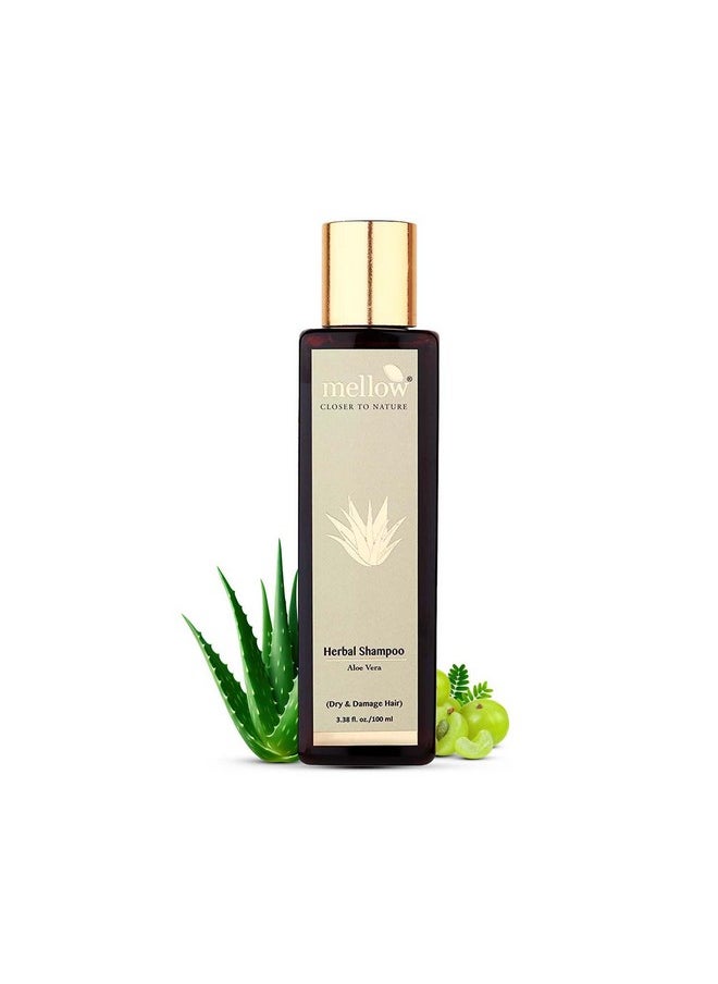 MELLOW Herbal Aloe Vera Shampoo For Dry & Damaged Hair, Hydrating Shampoos With Natural Aloevera, Amla, Reetha, Shikakai & Bhringraj, 100% Chemical Free, Ayush Certified [100Ml]  - Image 1