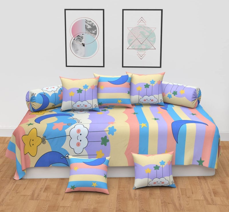 Filymore Good Night 8 Pieces Diwan Set for Kids Room Made with Pure Microfiber Package Contains 1 Single Bedsheet 5 Cushions Covers and 2 Bolster Covers Size 90X60 inchesColour Beige - Image 3