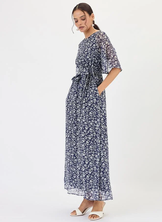 Femmella Navy Blue Floral Print Waist Tie Maxi Dress