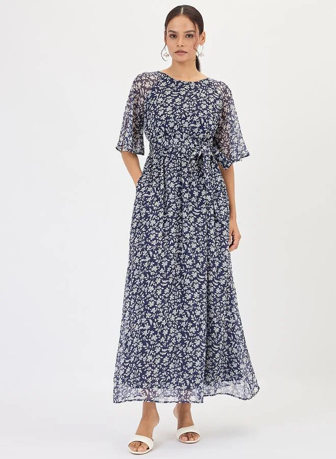 Femmella Navy Blue Floral Print Waist Tie Maxi Dress