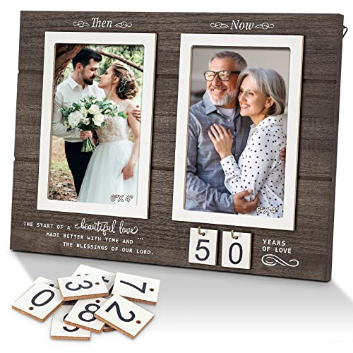 Yakucho Then & Now Anniversary Picture Frame, 1-99 Years Wedding Gift Ideas - Anniversary Wood Photo Frame, Engagement Bridal Shower Gifts with Sentimental Quote - Holds 2 4x6 Inches Photos (Then & Now) - Image 1
